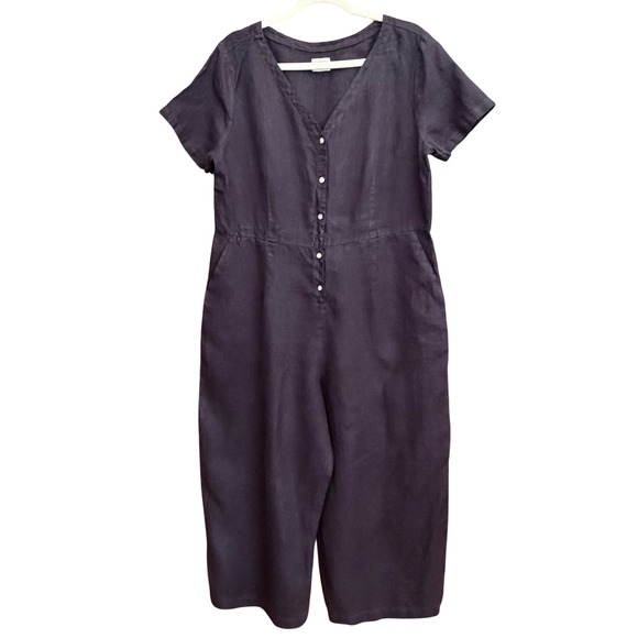 POU NOU Black Linen Jumpsuit Wide Leg Button Front Minimalist M/L - Picture 2 of 10